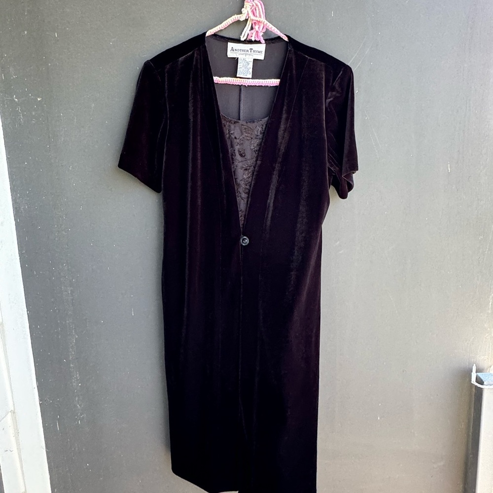 Another Thyme Black Velvet Short-Sleeve 90s Button Dress